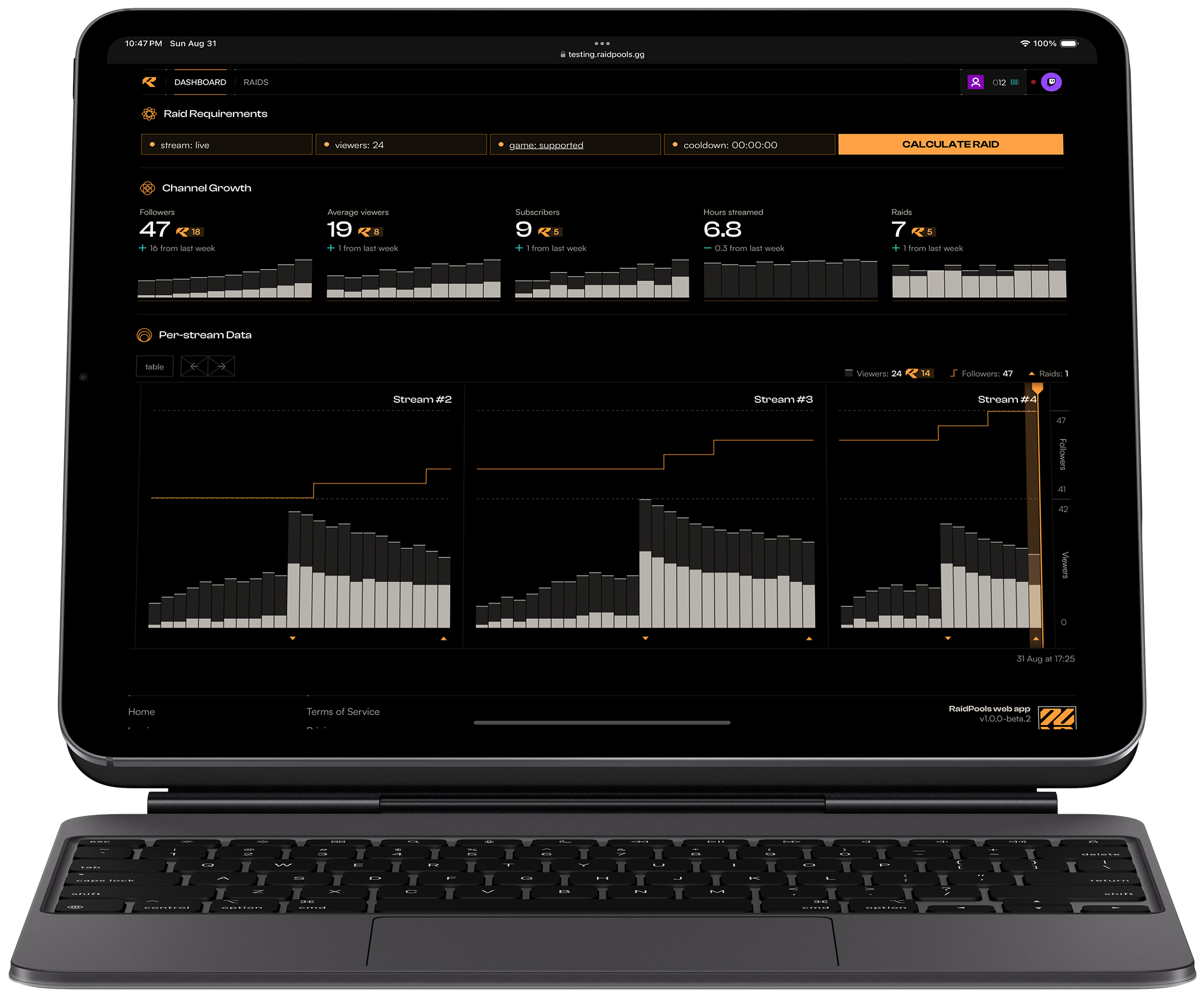iPad displaying the RaidPools dashbaord, which is filled with bar charts and a button labeled 'calculate raid'.