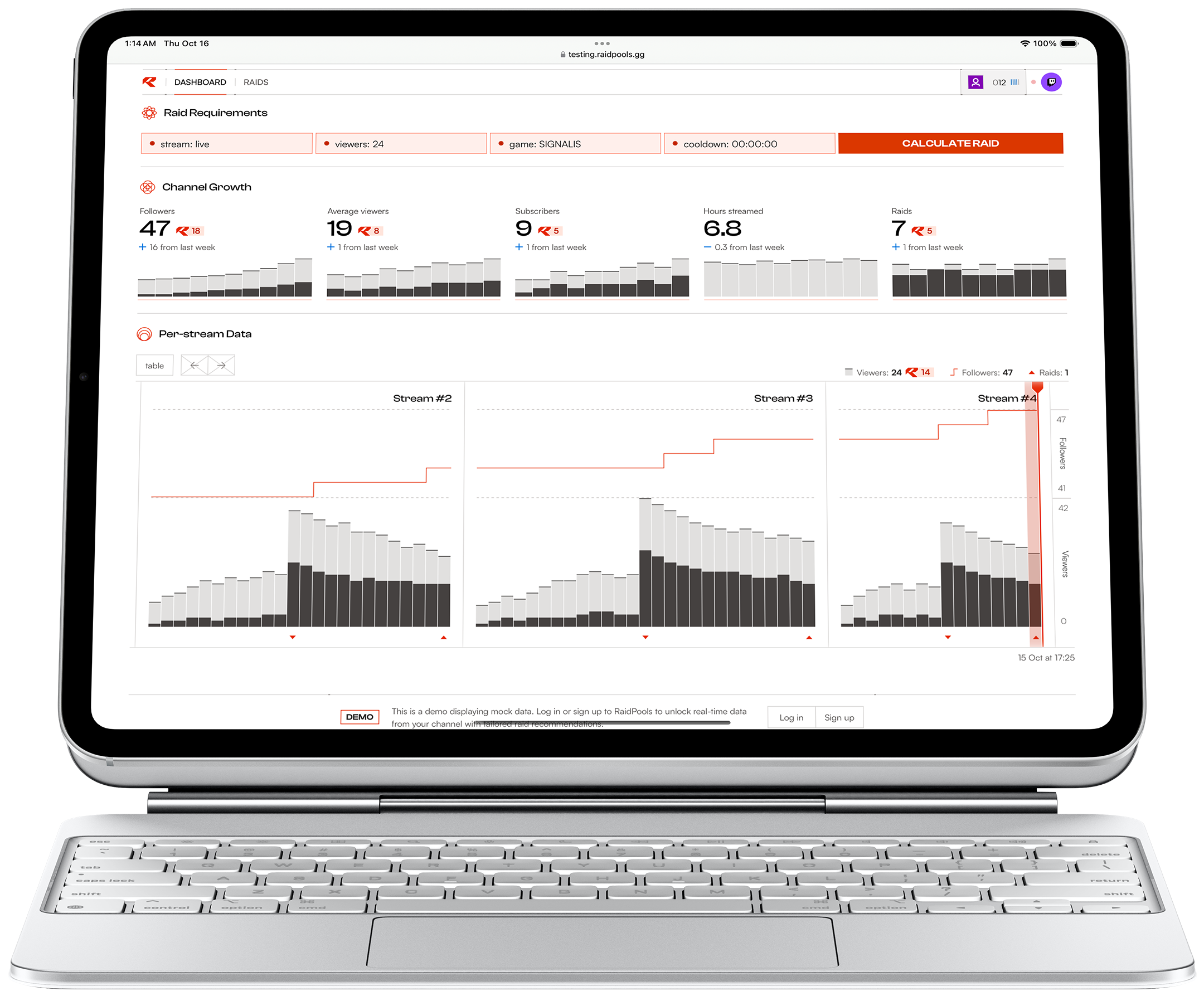 iPad displaying the RaidPools dashbaord, which is filled with bar charts and a button labeled 'calculate raid'.